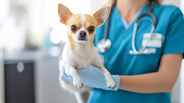 Concerned pet owner holding chihuahua in veterinary setting for animal pain awareness