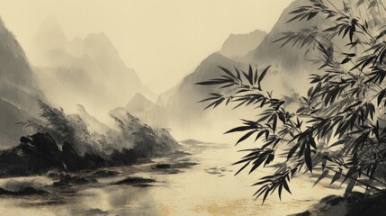 Misty river flowing through mountainous landscape with stylized bamboo leaves in foreground