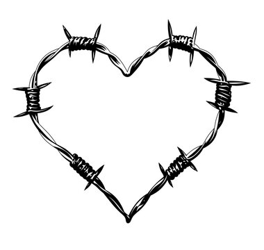 Barbed wire heart black and white illustration. A symbol of pain, suffering and love that hurts. The concept of a broken heart, emotional isolation or inner struggle.