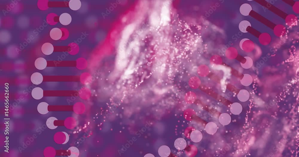 Poster abstract dna helix strands twisting around glowing particle cloud, showcasing animated illustration