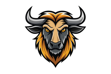Wildebeest gazes fiercely with prominent horns and striking yellow eyes on a plain backdrop