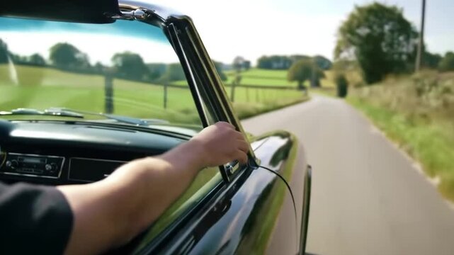 Classic convertible car ride along scenic route for summer vacation driving experience and relaxation