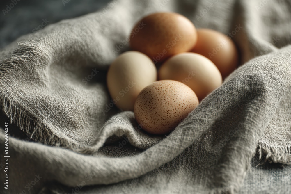 Poster soft natural light illuminates fresh eggs resting in a linen towel with a cozy country aesthetic gen