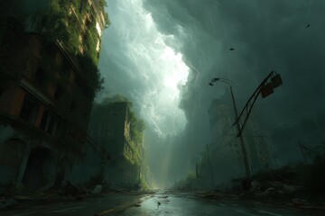 Overgrown Ruined Buildings on Rainy Street with Lightning Storm and Debris