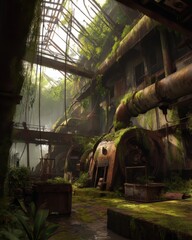 Overgrown Ruined Industrial Interior with Rusty Machinery, Moss, Vines, and Sunlight Filtering Through Damaged Glass Ceiling