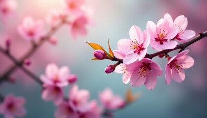 Fototapeta premium Delicate pink cherry blossoms, soft petals, floral branches , nature background, design