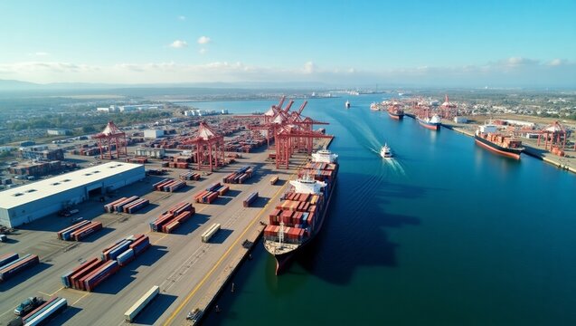 Port Aerial View of a Large Container Ship