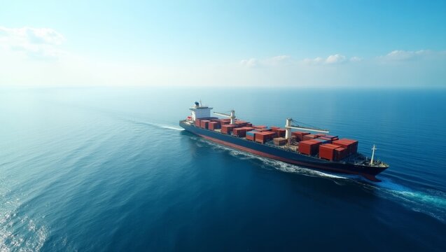 Cargo Ship Aerial Panorama Over Ocean