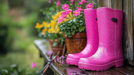 Pink boots sit near flowers in the rain on a wooden bench