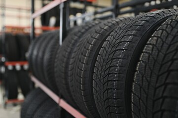 New car tire is placed on the tire storage rack in the tire factory. Be prepared for vehicles that need to change tires