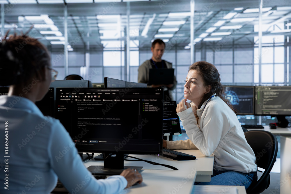 Poster data center computer scientist developing disaster recovery plans ensuring minimal downtime. server 