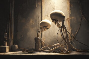 Skull-like Heads with Vine-Like Bodies in Dimly Lit Grunge Room with Distressed Walls and Cabling