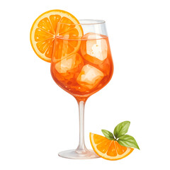 Watercolor Aperol Spritz cocktail illustration with orange, isolated on Transparent background