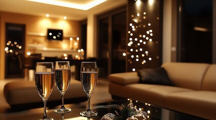 Luxurious living room scene with champagne glasses.