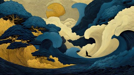 Stylized dark blue trees on gold hillside with textured waves, sun, and bird in woodblock print style