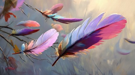 Stylized Feathers in Pink, Purple, and Teal Floating Amid Muted Branches and Foliage Background