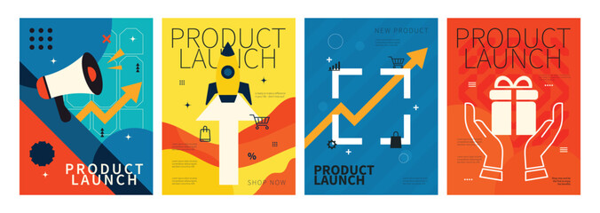 Product Launch Advertisement: A vibrant collection of promotional posters heralds the launch of a new product, showcasing compelling graphics.