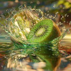 Fresh green kiwi fruit and a yellow lemon slice make a juicy splash in clear water