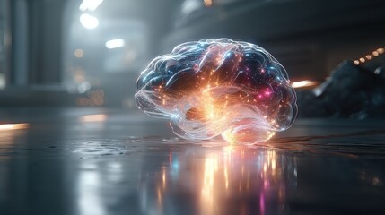 Translucent 3D Brain Model with Illuminated Internal Structures on Reflective Surface in Tech Environment