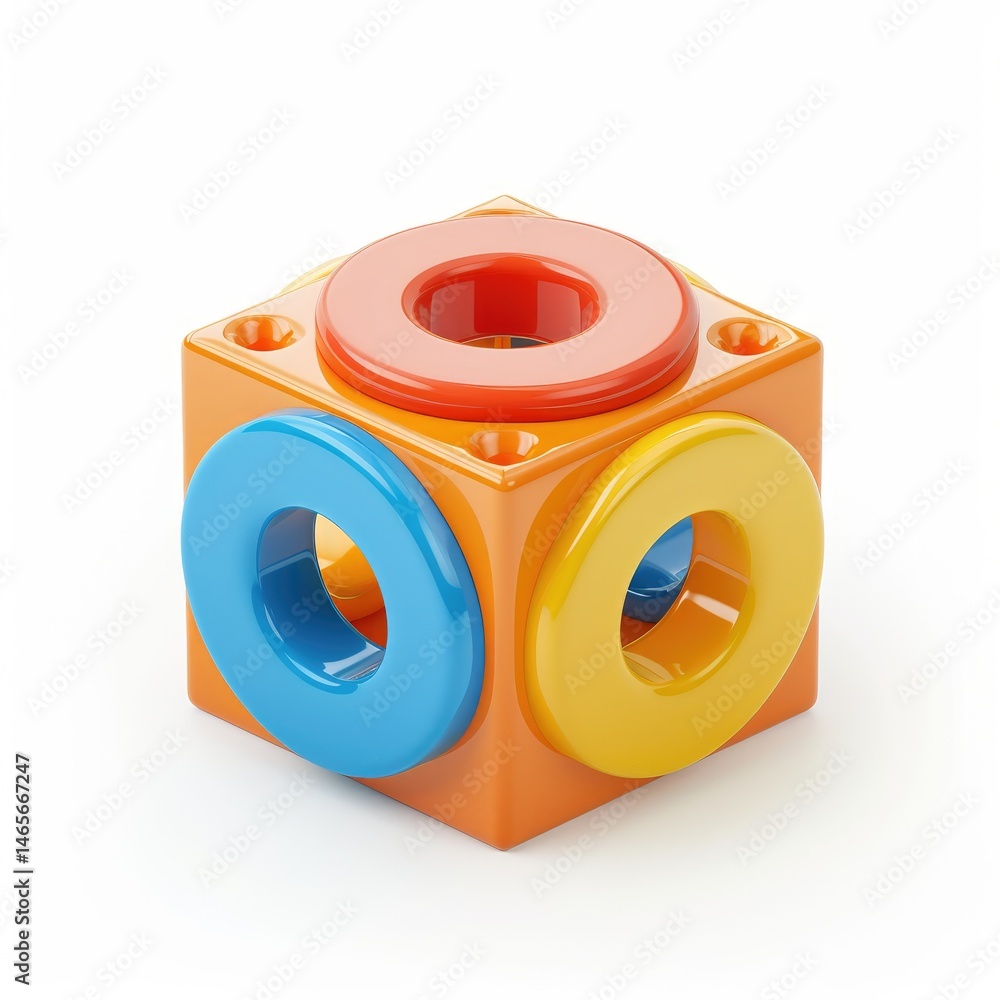 Poster colorful, interlocking cube toy with circular components.