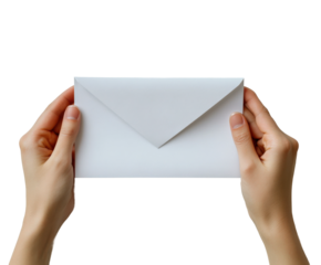 Hand holding envelope office desk document delivery view isolated on transparent background