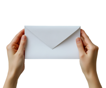 Hand holding envelope office desk document delivery view isolated on transparent background