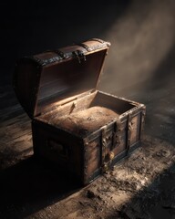 Weathered Wooden Chest Partially Open on Dusty Floor with Light Illumination and Metal Clasps
