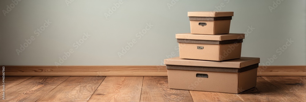 Poster Organized Stacked Storage Boxes Arranged on a Wooden Floor With a Blank Wall in the Background, Perfect for Decluttering a Space Generative AI