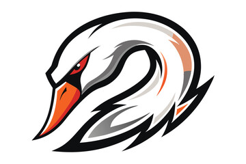 Intense white swan head shows black accents, sharp orange beak, and fiery red eye