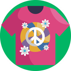 Hippie-style T-shirt featuring a peace symbol and vibrant tie-dye pattern.