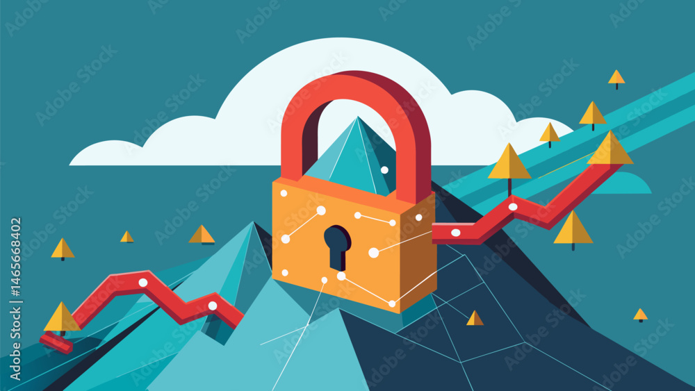 Poster a colossal padlock sealing off a mountain of complex interlocked data streams.. vector illustration