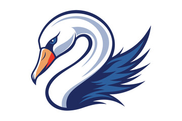 Blue and white swan illustration showcases a majestic neck curve on a plain backdrop