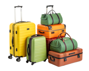 A vibrant collection of luggage featuring suitcases and duffel bags stacked against a black backdrop