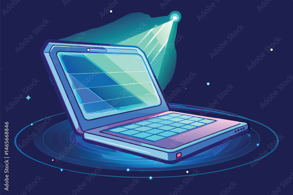 Poster digital laptop illustration on a cosmic background with dynamic lines representing speed and innovat