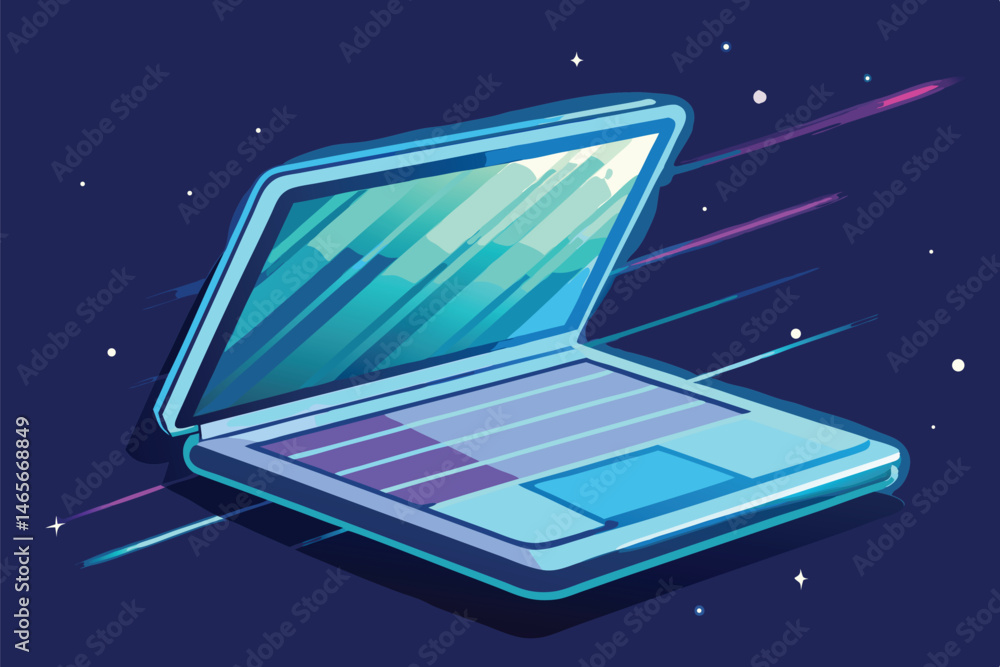 Poster digital laptop illustration on a cosmic background with dynamic lines representing speed and innovat