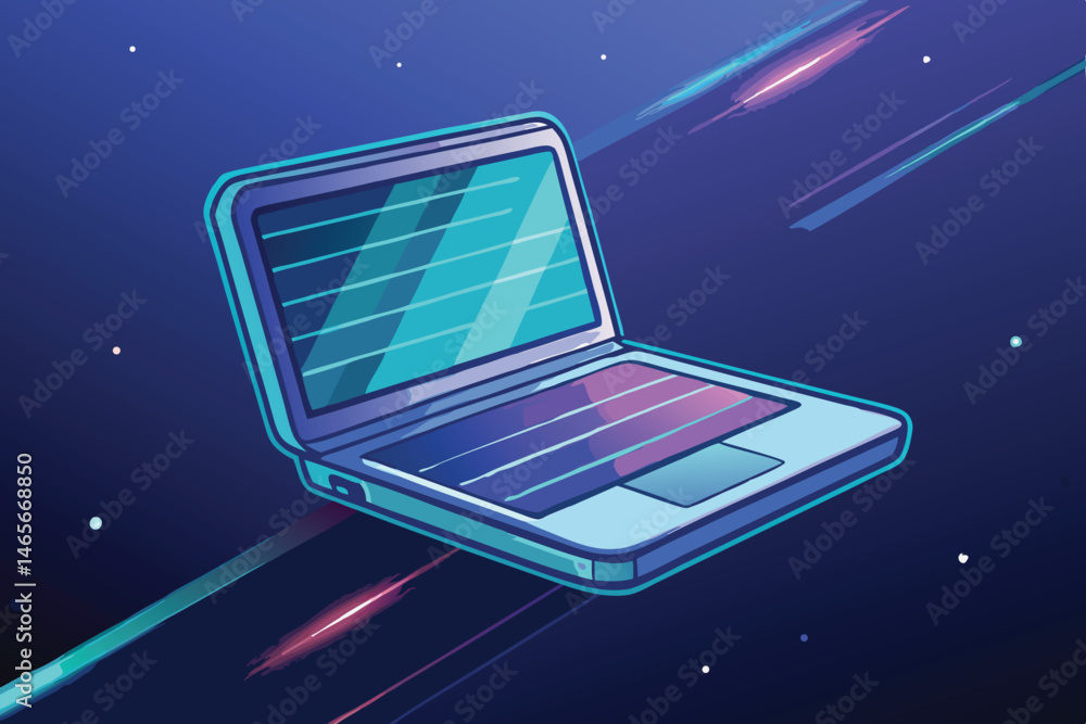 Poster digital laptop illustration on a cosmic background with dynamic lines representing speed and innovat