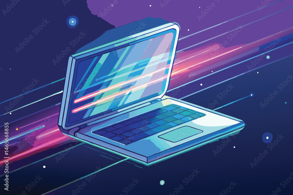 Poster digital laptop illustration on a cosmic background with dynamic lines representing speed and innovat