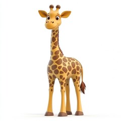 Obraz premium Smiling cartoon giraffe stands against a white background.