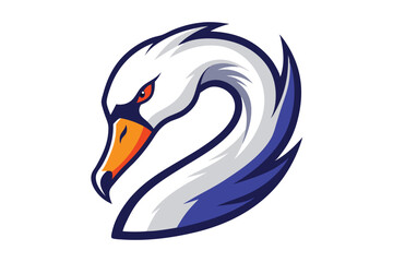 Aggressive swan head showcases striking white plumage, orange beak, and piercing red eye design