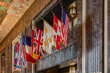 A Row of Historic Flags Hanging in the Baton Rouge, Louisiana State Capitol Building Lobby