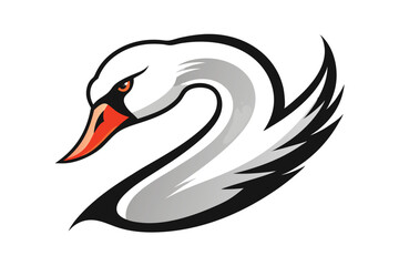 Bold swan head showcases distinctive features, striking black outlines, and bright orange beak detail