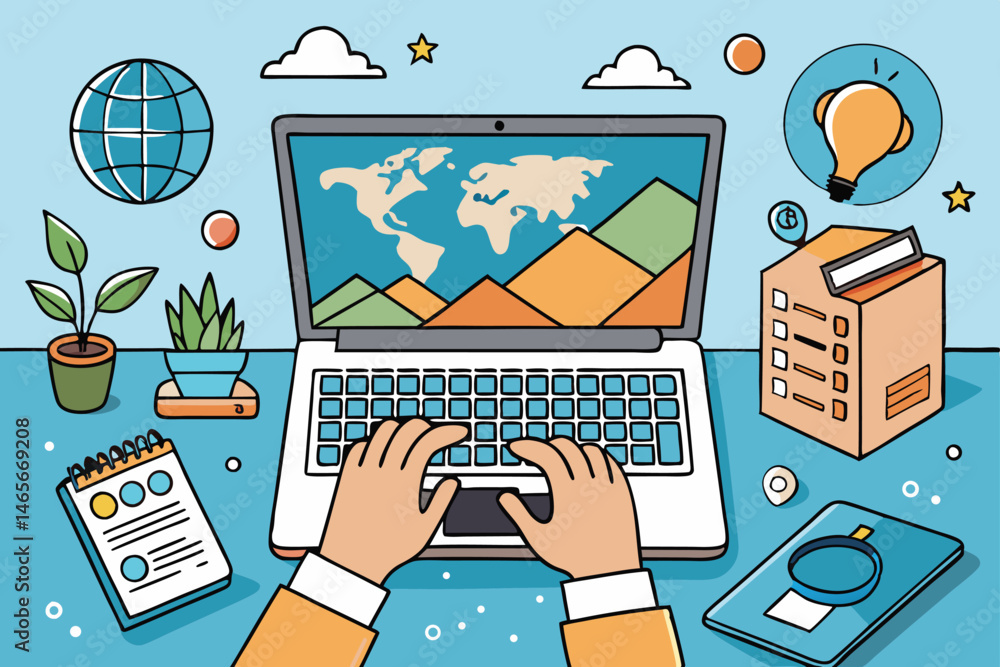 Poster vector illustration of a person working on a laptop with charts and graphs displayed, surrounded by 