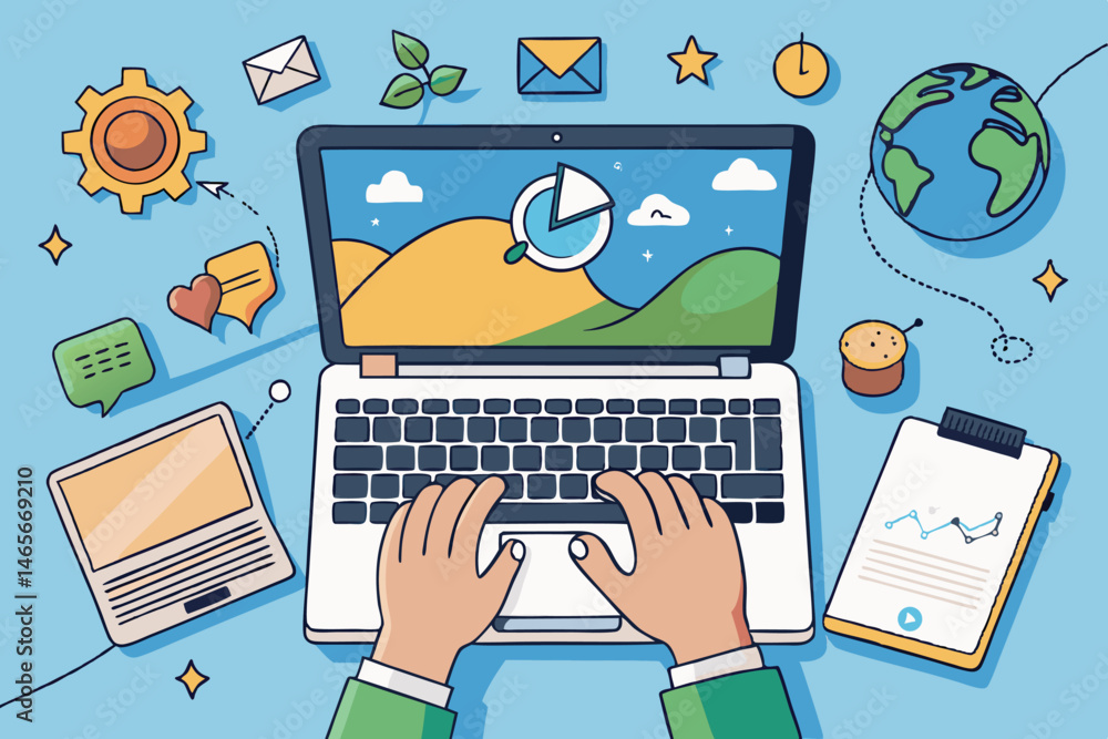 Poster vector illustration of a person working on a laptop with charts and graphs displayed, surrounded by 