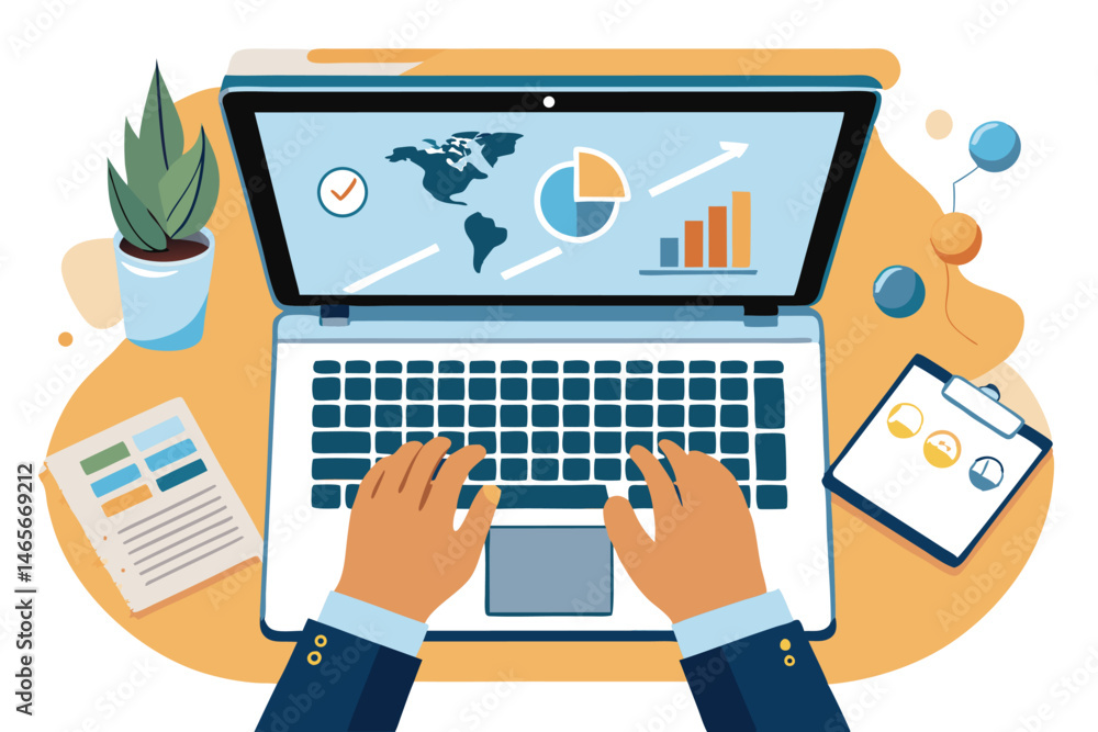 Aufkleber vector illustration of a person working on a laptop with charts and graphs displayed, surrounded by 