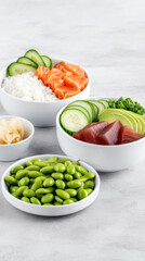 Elegant sushi bowl with edamame, pickled ginger, and fresh ingredients for culinary inspiration