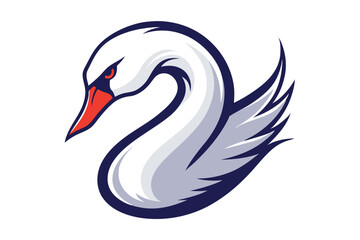 Elegant white swan with a red beak and piercing eyes faces leftward gracefully