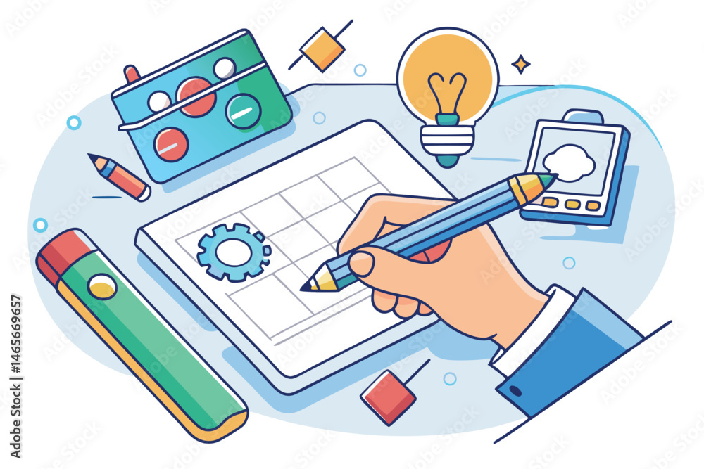 Poster digital illustration of a creative workspace with design tools, focusing on a hand drawing on a tabl