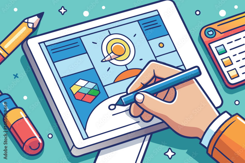 Aufkleber digital illustration of a creative workspace with design tools, focusing on a hand drawing on a tabl