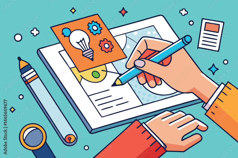 Poster digital illustration of a creative workspace with design tools, focusing on a hand drawing on a tabl