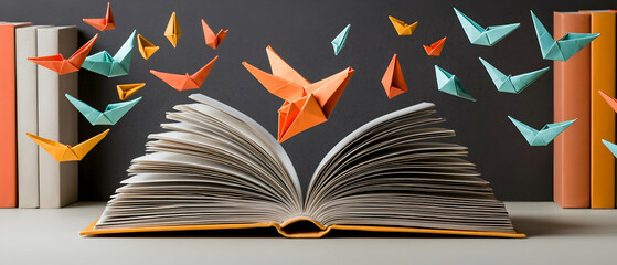 Open Book With Colorful Origami Birds